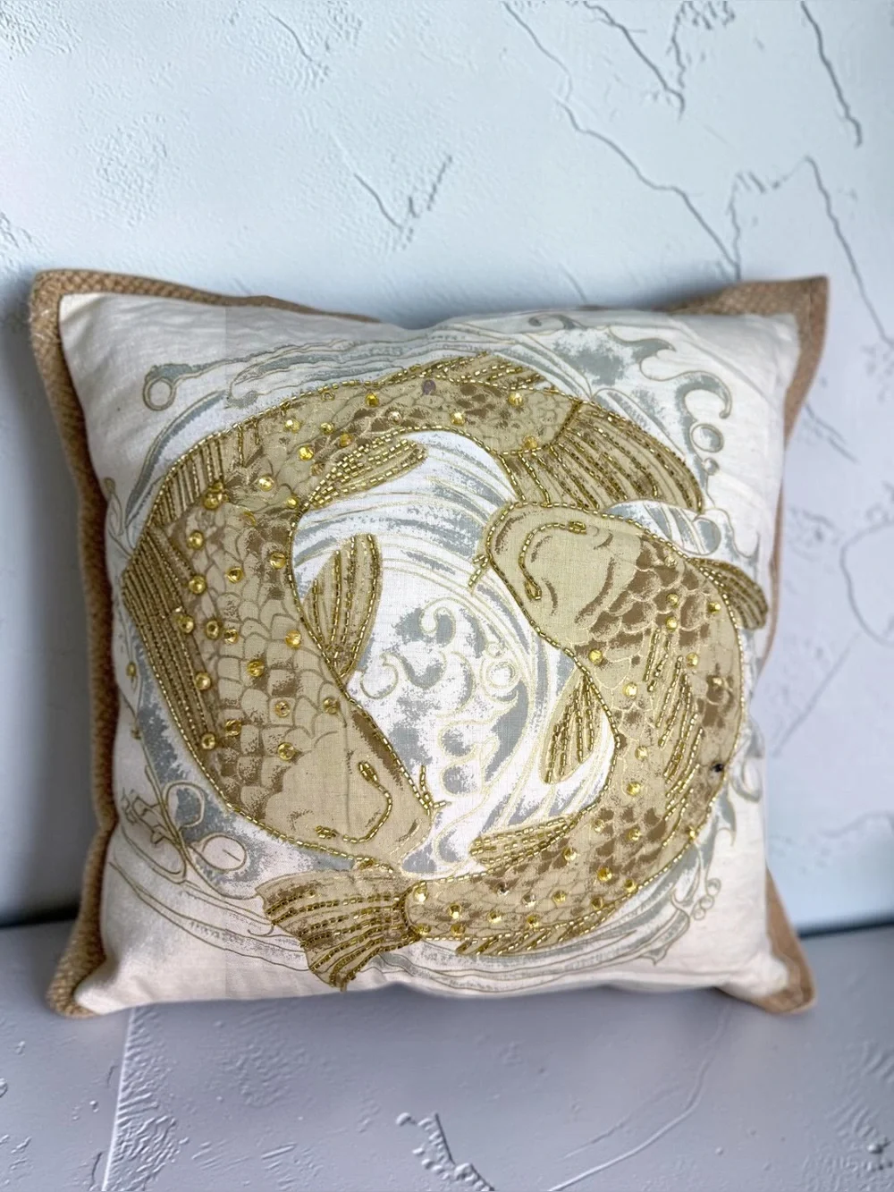 Pier 1 Imports Beaded Koi Fish Decorative Throw Pillow 18x18 Cream Gold Multi